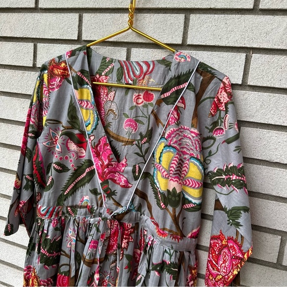 Handmade Cotton Block Print Floral Dress Gray Pink Tassel Tie Boho S India - Picture 2 of 10